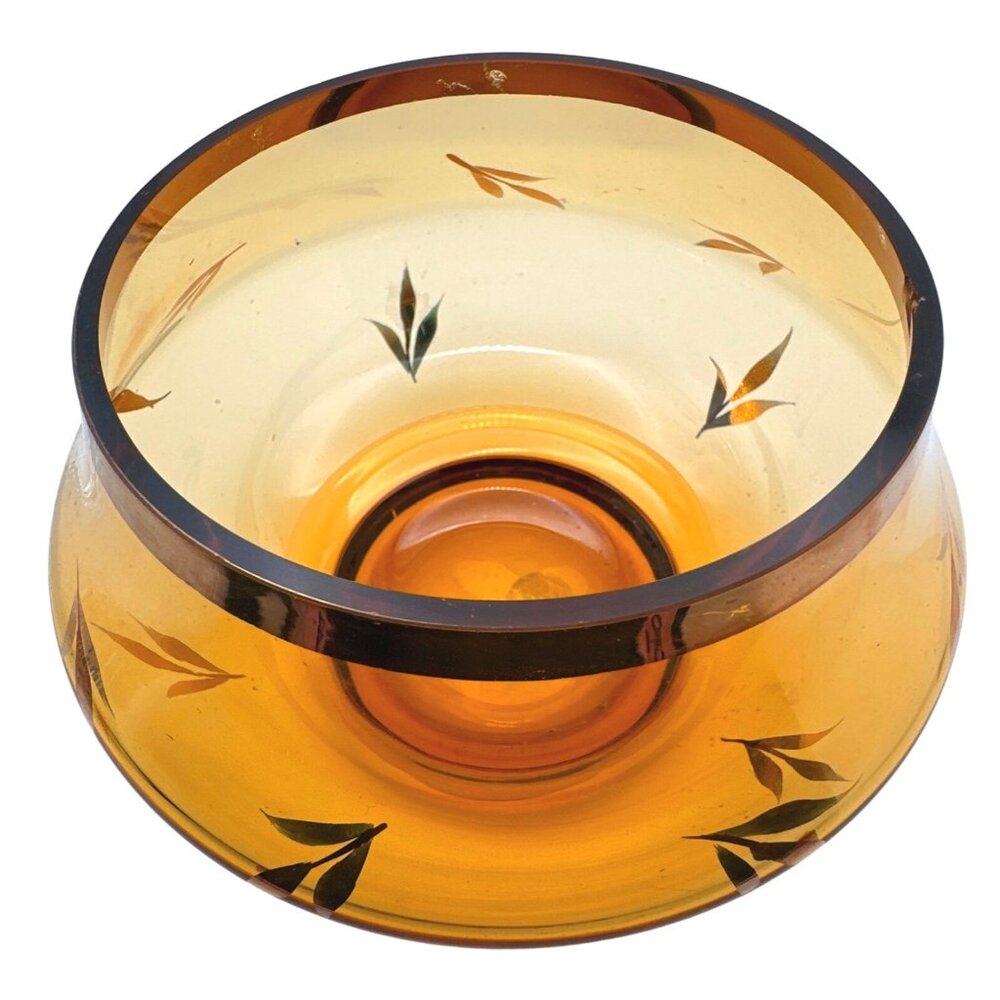 Vintage Roumania Amber Color Glass Jar Candy Dish Gold Trim Leaf Design European - Picture 7 of 11